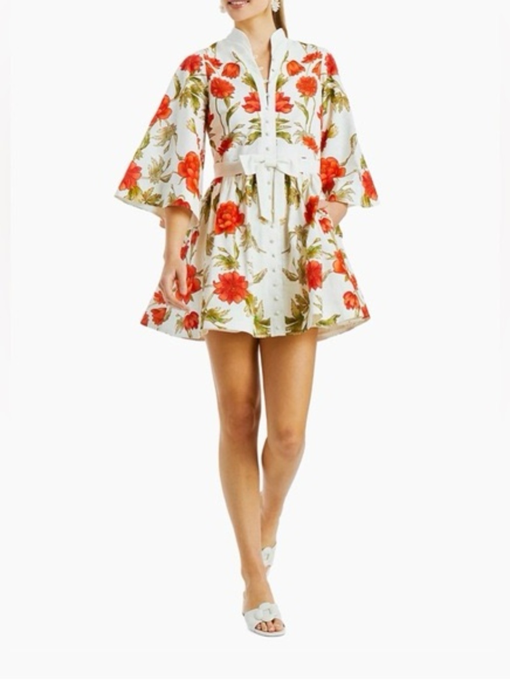Floral Bow-Front Mini Dress in Cream and Red